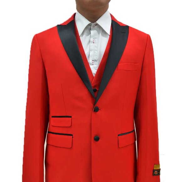 Mens 2 Button Peak Lapel Vested Tuxedo in Red - Picture 1 of 2